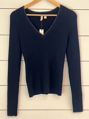 NWT Anthropologie‎ Moth Navy Ribbed V-Neck Long Sleeve Top